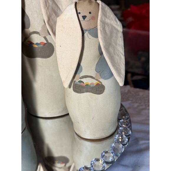 Handcrafted, Vintage Set of 3 Easter Bunnies. Handpainted fabric, wood bases'90 - Picture 4 of 9